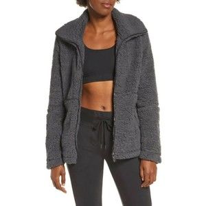 Zella Sadie Sherpa Fleece Double Zip Front Jacket Pockets Gray XLarge